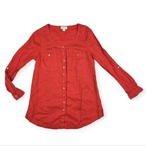 Monsoon Red‎ Linen Button Down Long Sleeve Lightweight Top Women's Size 8